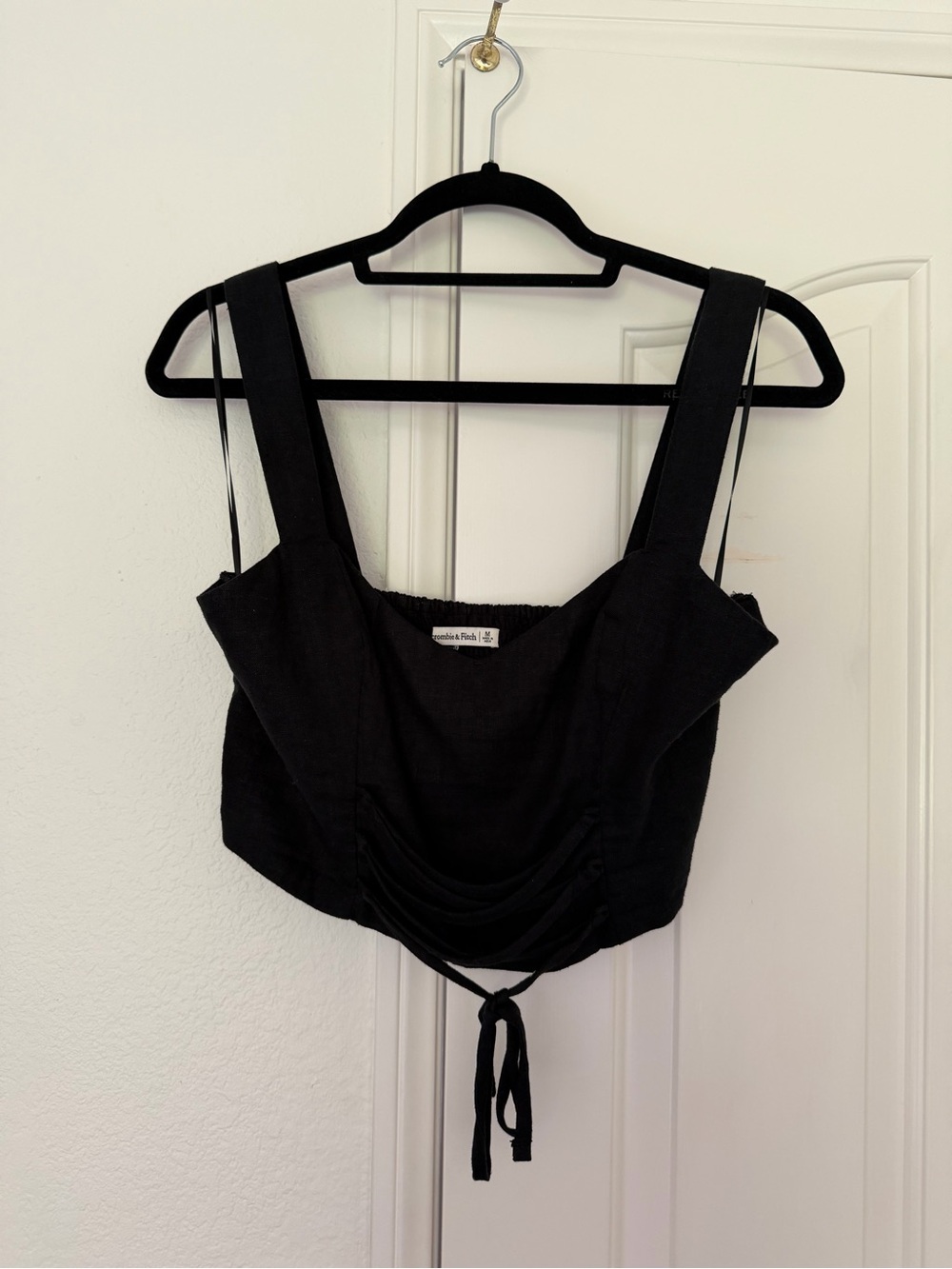 Black Cropped Linen Tie-Front Tank Top